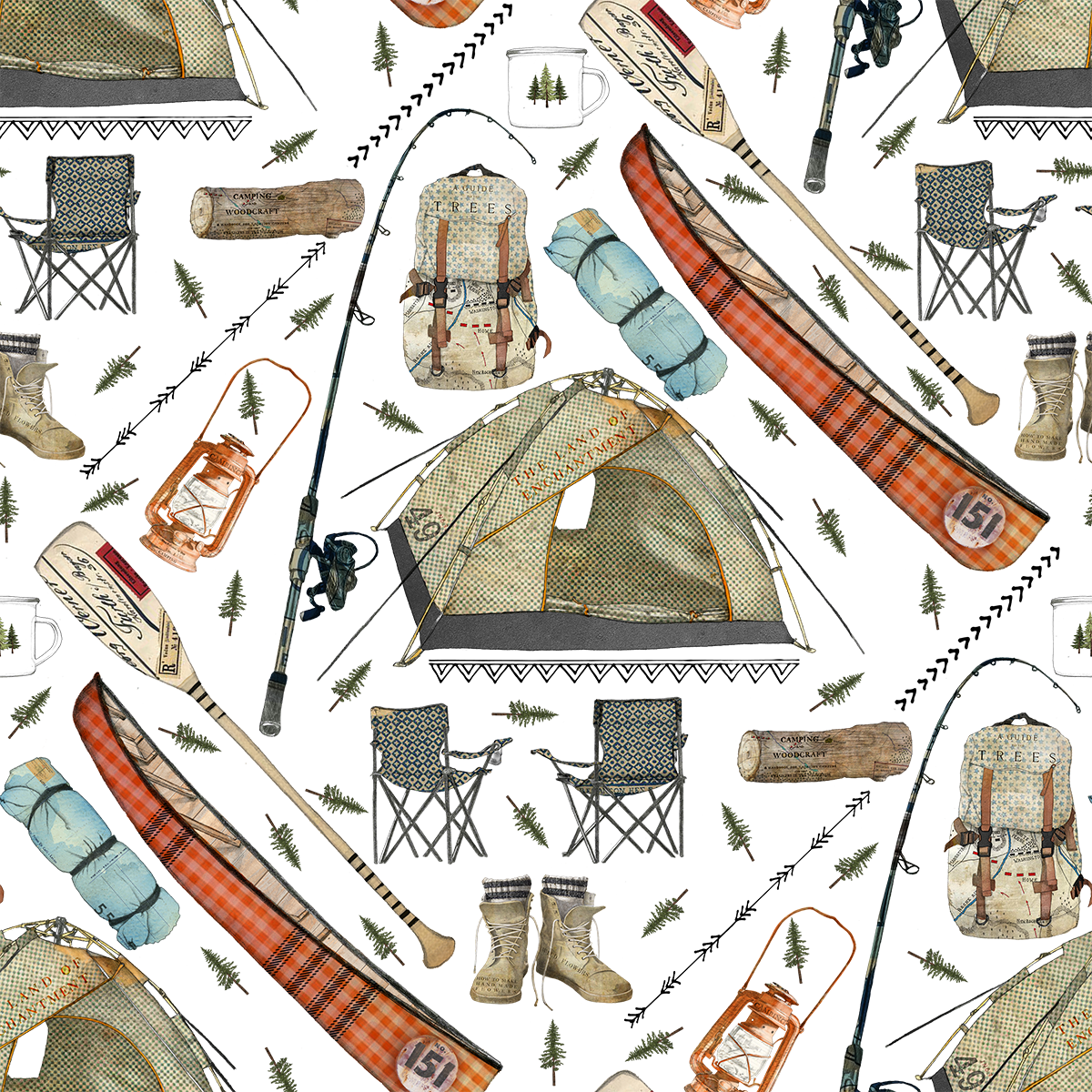 Pattern of camping gear and outdoor items including tents, chairs, fishing rods, lanterns, backpacks, hiking boots, paddles, and small trees on a white background.