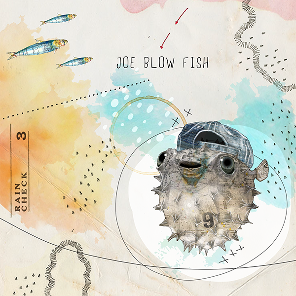 Illustration of a pufferfish with a cap, surrounded by colorful abstract shapes, small fish, and text that reads "Joe Blow Fish"