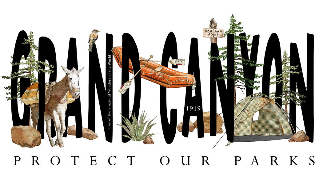 Graphic design featuring the word 'Yellowstone' with illustrations of a mule, birds, a tent, trees, a sign, and a canoe, along with the text 'Protect Our Parks'.
