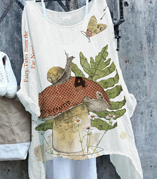 A white sleeveless shirt featuring a collage of a snail, leaves, a mushroom, and a butterfly with text "Fairy Tales from the Far North" and other decorative elements.