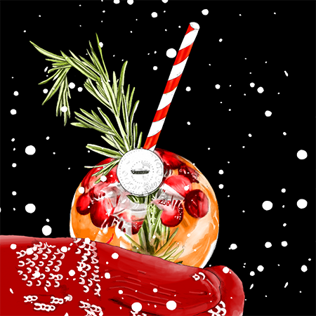 A festive Christmas drink in a clear ball ornament , with a red and white straw, garnished with a sprig of rosemary and cranberries, against a black background with falling snow.