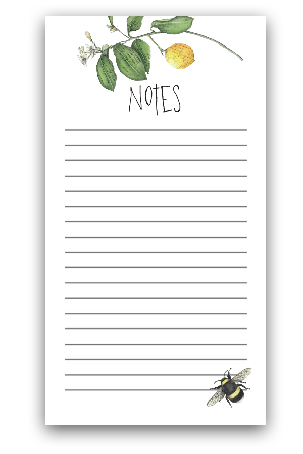 A notepad with a botanical illustration of green leaves, lemons and a bee at the bottom right corner. The note is labeled 'NOTES' at the top and has lined space for writing.