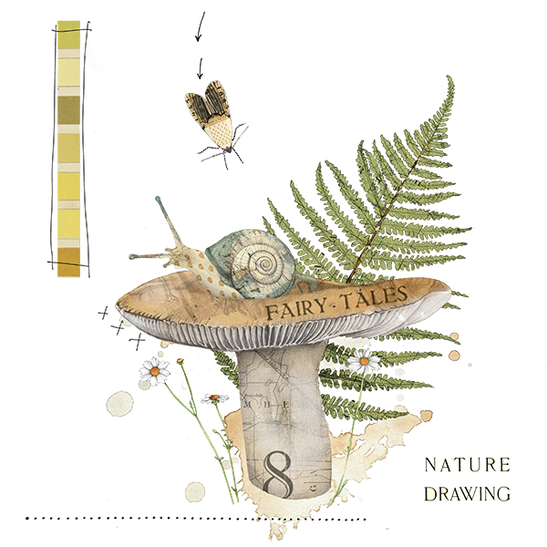 A fairy tale-themed decoration featuring a large mushroom with a snail on top, a fern leaf, and flowers with the words 'FAIRY TALES' written on the mushroom cap.