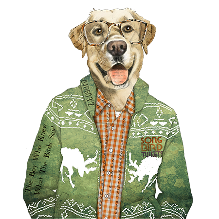 A dog wearing glasses, an orange plaid shirt, and a green Christmas sweater with white reindeer and snowflakes, standing against a black background.