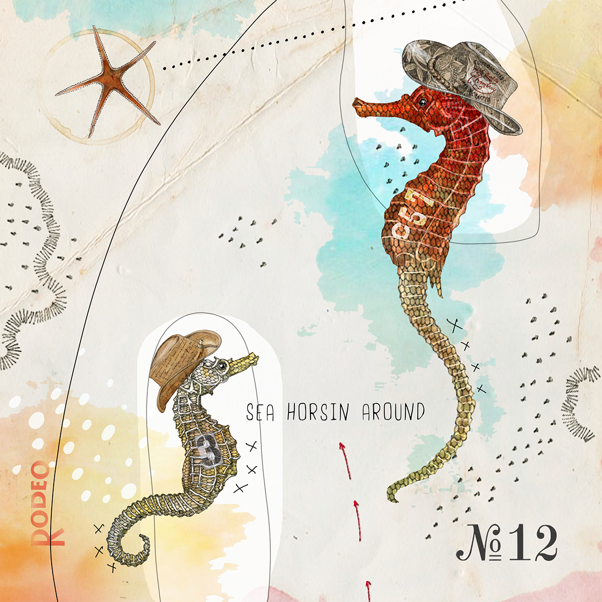 Illustration of two seahorses, one larger with a red and orange body and a gray hat, and one smaller with a tan hat, both labeled as 'Sea Horsin Around.' The background is a hand-drawn map with marine themes, including an orange starfish, black dots, and map markings. The larger seahorse is numbered 12, and the smaller one is numbered 3.