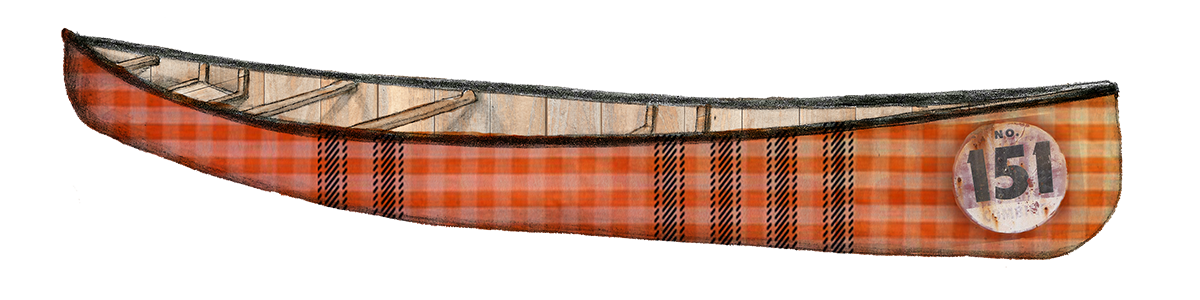 A wooden canoe with a decorative orange plaid pattern and a round metal plate with the number 151 on it.