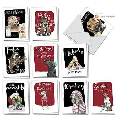 Collection of Christmas greeting cards featuring dogs with humorous messages and holiday-themed illustrations.