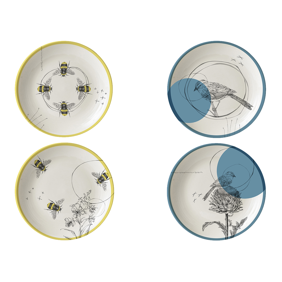 Four small plates with black and white botanical and insect illustrations, two showing bees and two showing birds on flowers, over a yellow and blue background.