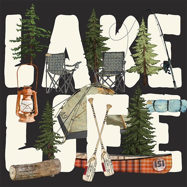 Camping-themed artwork with trees, lantern, chairs, fishing rods, socks, paddle, and a log, arranged around the word 'LOVE' in large bold letters.