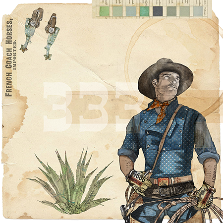Vintage illustration of a cowboy holding a lasso, wearing a big hat, with horseshoes and a cactus in the background.