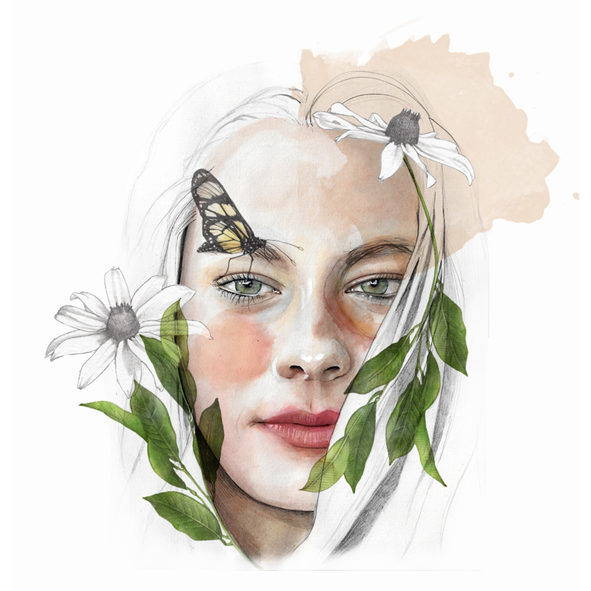 A digital art portrait of a woman's face with soft features, surrounded by flowers, leaves, a butterfly, and a moth, combining realism and sketch style.