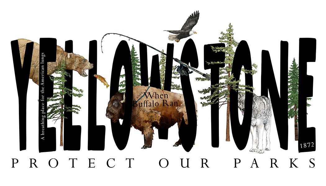 Graphic design with large black text spelling 'YELLOWSTONE' and illustrations of wildlife like a bear, fish, eagle, bison, trees, and a wolf, with the phrase 'When Buffalo Ran' on a bison. Text reads 'A breathing place for the American lungs,' 'Protect our parks,' and the year 1872.