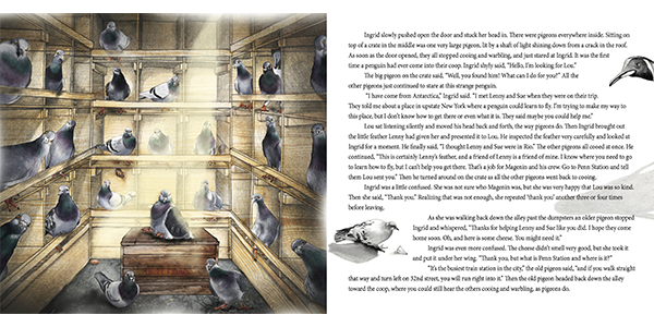 Illustration of a person looking down into an aviary filled with numerous pigeons perched on wooden beams and flying around.