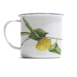 White mug with a lemon and  leaf design.