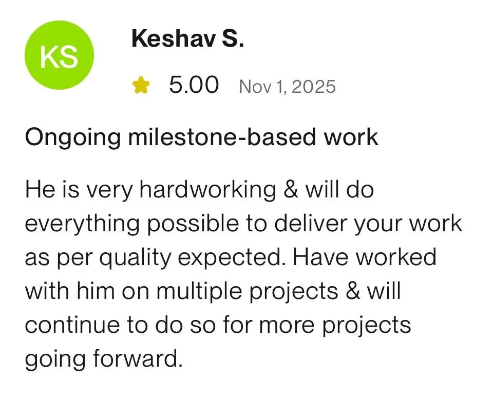 Online review for Keshav S. with a 5-star rating, dated November 1, 2025, describing ongoing milestone-based work and his hardworking attitude.
