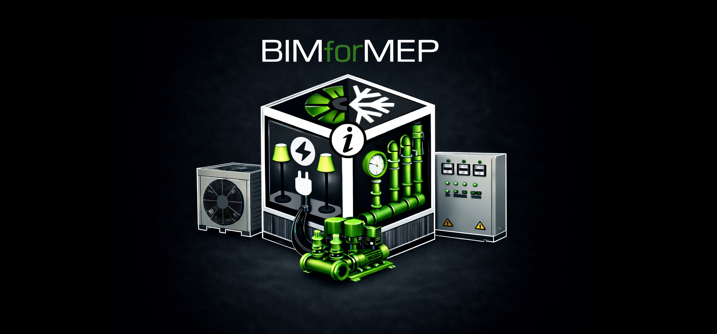 A digital illustration of a building plan with elements such as pipes, gauges, and control panels, labeled BIM for MEP, indicating Building Information Modeling for Mechanical, Electrical, and Plumbing systems.