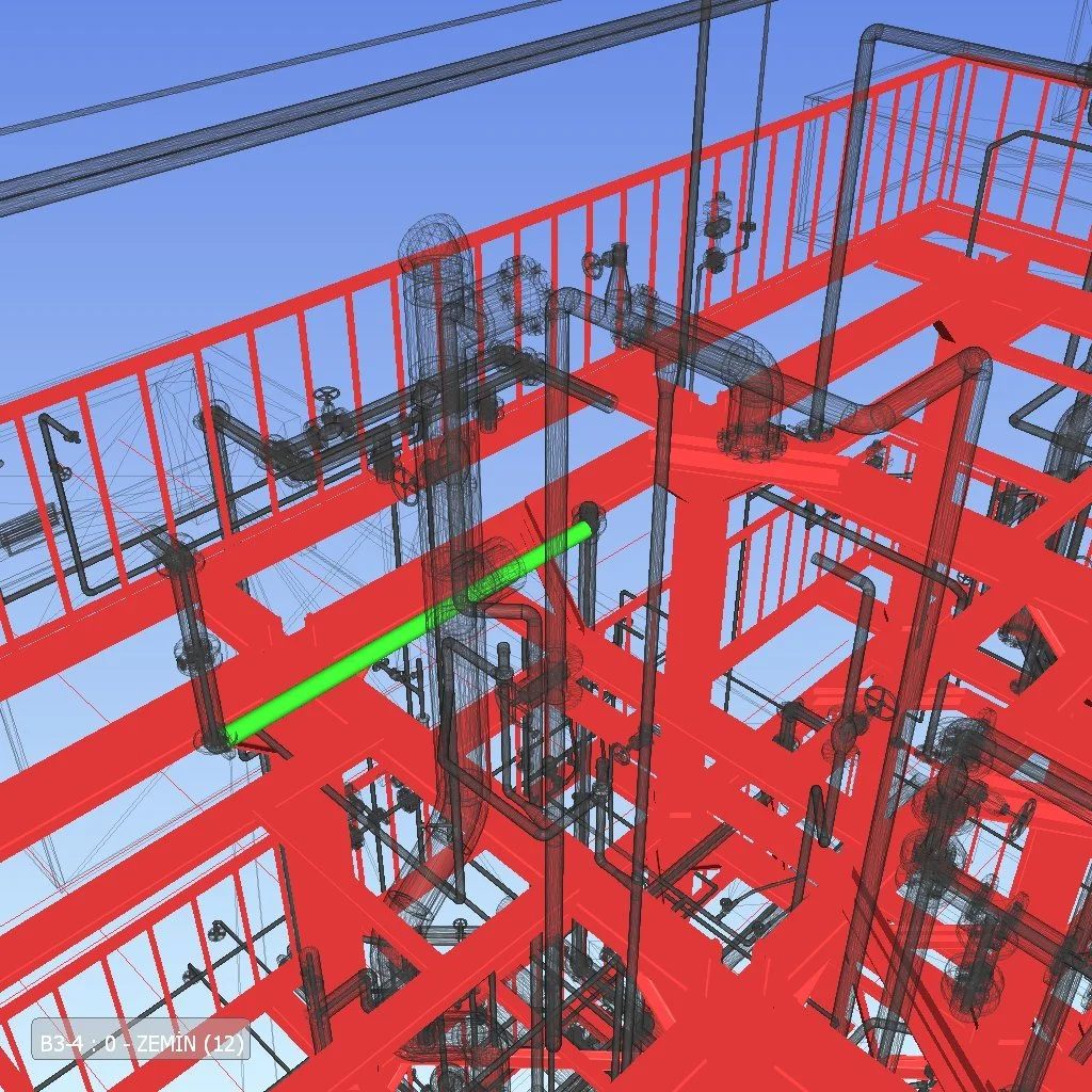 A complex 3D digital rendering of a building's plumbing and piping system, showing various pipes, valves, and structural elements in black and red with a highlighted green pipe against a blue background.