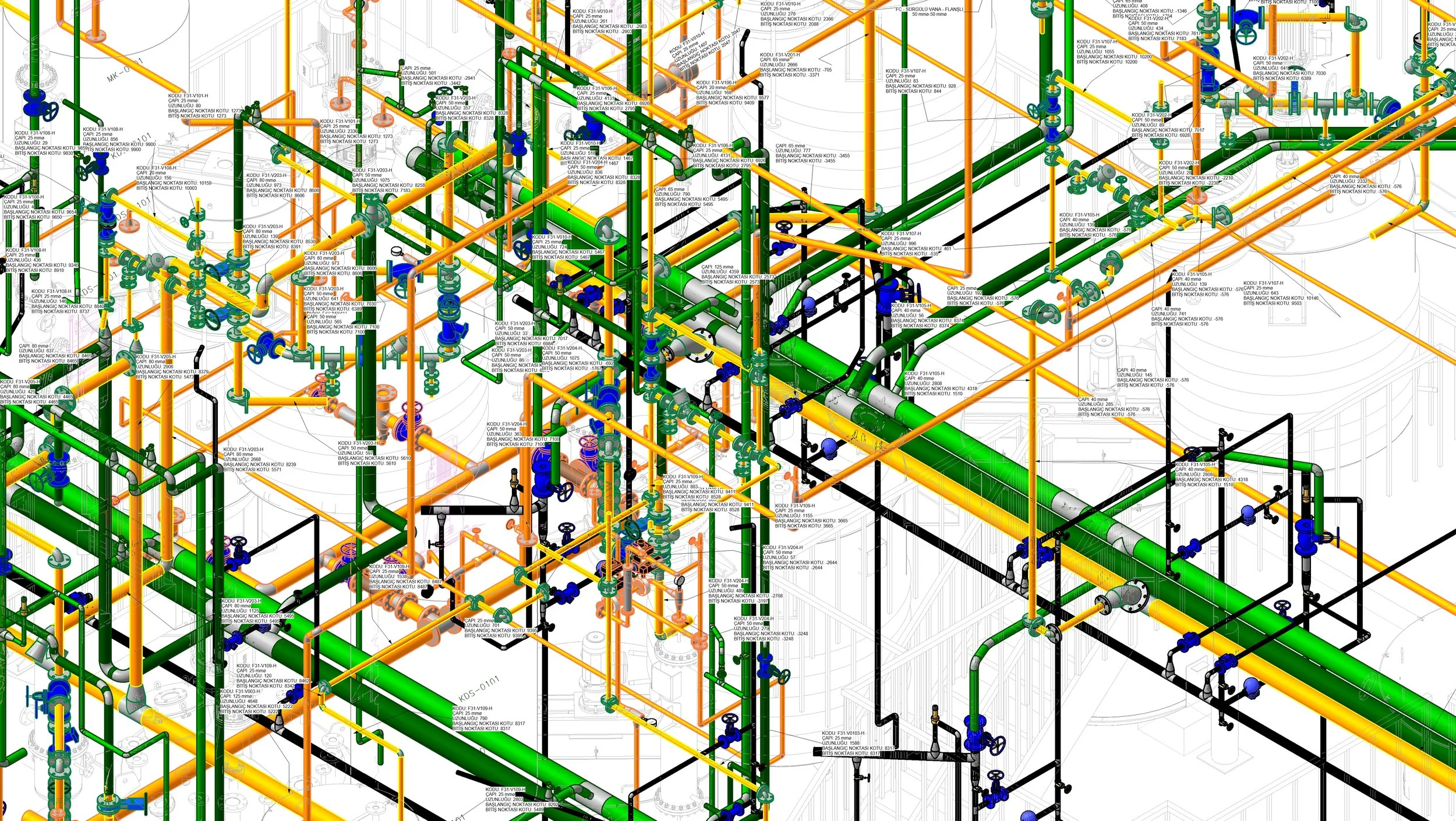 Complex 3D technical drawing of piping system with colored pipes and valves, overlaying an architectural blueprint.