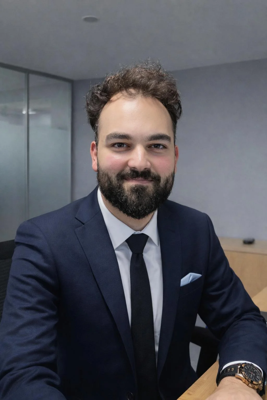 Photo of a man with a beard in a dark suit, white shirt, and black tie, sitting at a desk, smiling at the camera.