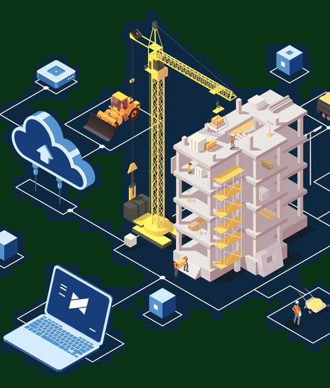 Digital illustration of a construction site with a building under development, a crane, construction vehicles, a cloud computing icon, a laptop, and small figures of workers.