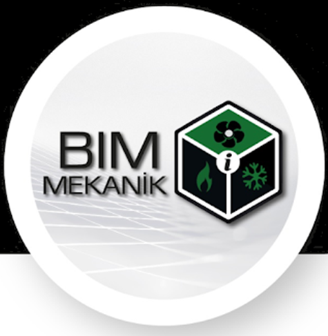 Logo for BIM Mekanik featuring a black and green cube with icons representing a four-leaf clover, a leaf, a snowflake, and an information symbol.