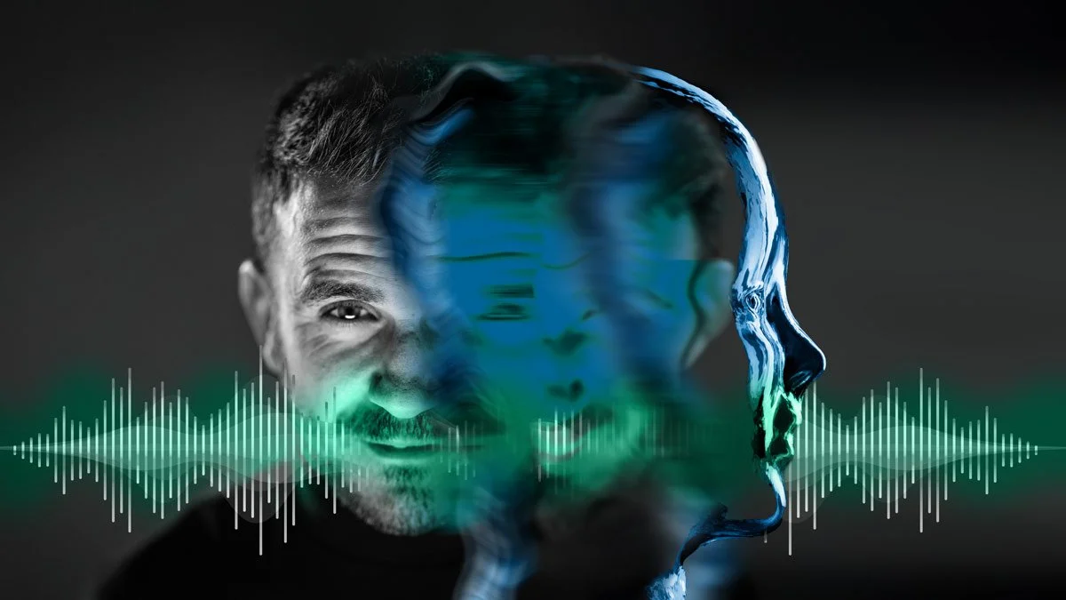 A man smiling with a semi-transparent human head illustration and sound wave graphics overlayed.