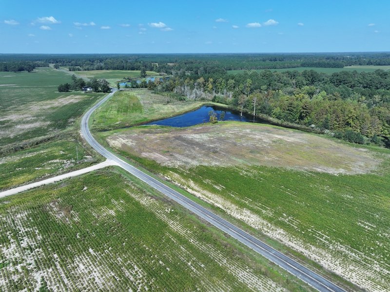 Aerial view of a rural landscape with a winding road, a pond, fields, and a dense forest in the distance under a clear blue sky.  Open landscape for modular, mobile, stick-built, or starter homes.