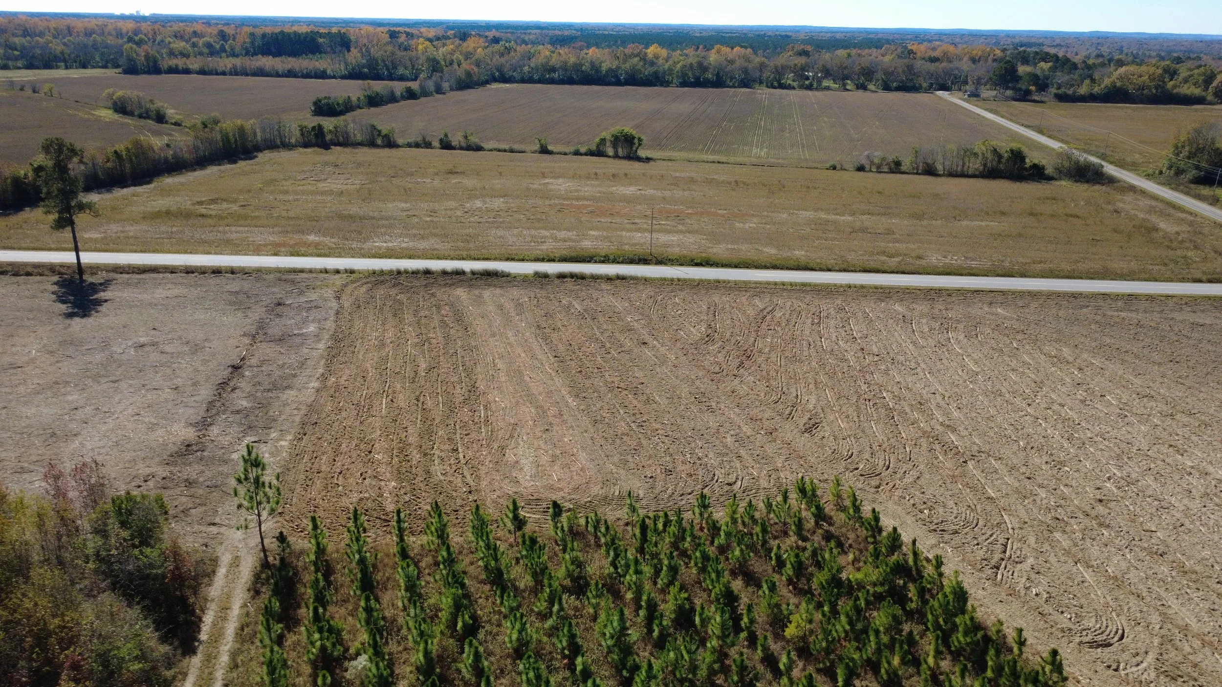 Aerial view of a rural farmland with fields, a road, and trees in the distance during daytime.
