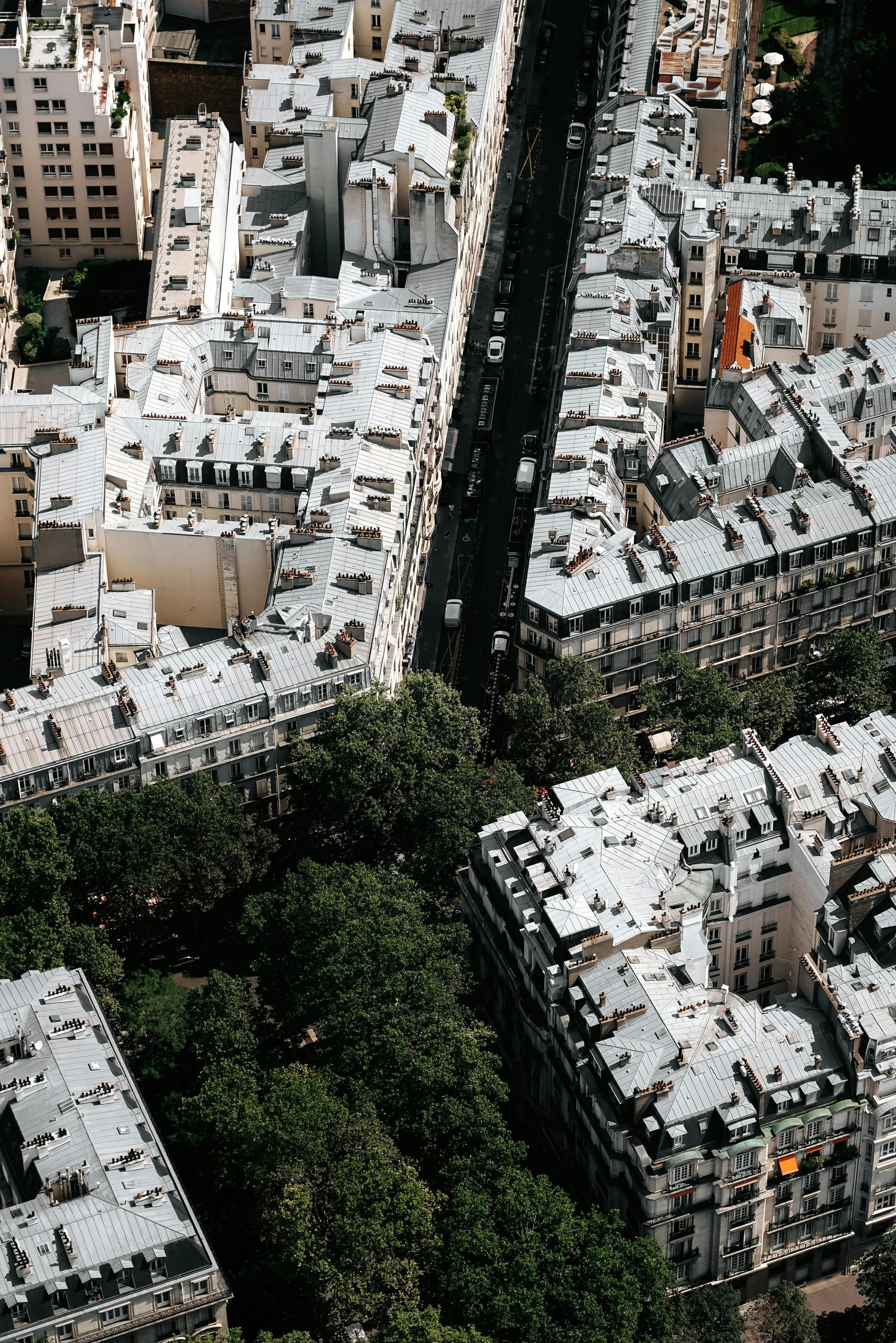 Vista aérea de prédios residenciais com telhados de metal cinza e ruas estreitas, árvores verdes ao fundo. Fernando Anastácio e Associados