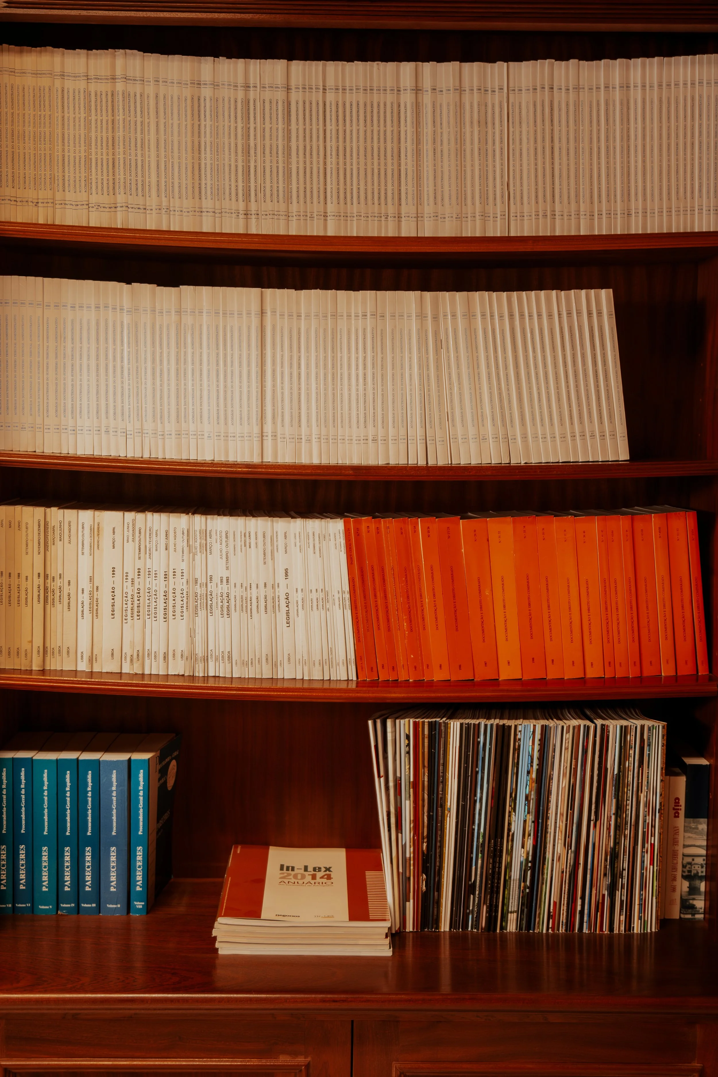 Estante de madeira com livros e revistas. Fernando Anastácio e Associados