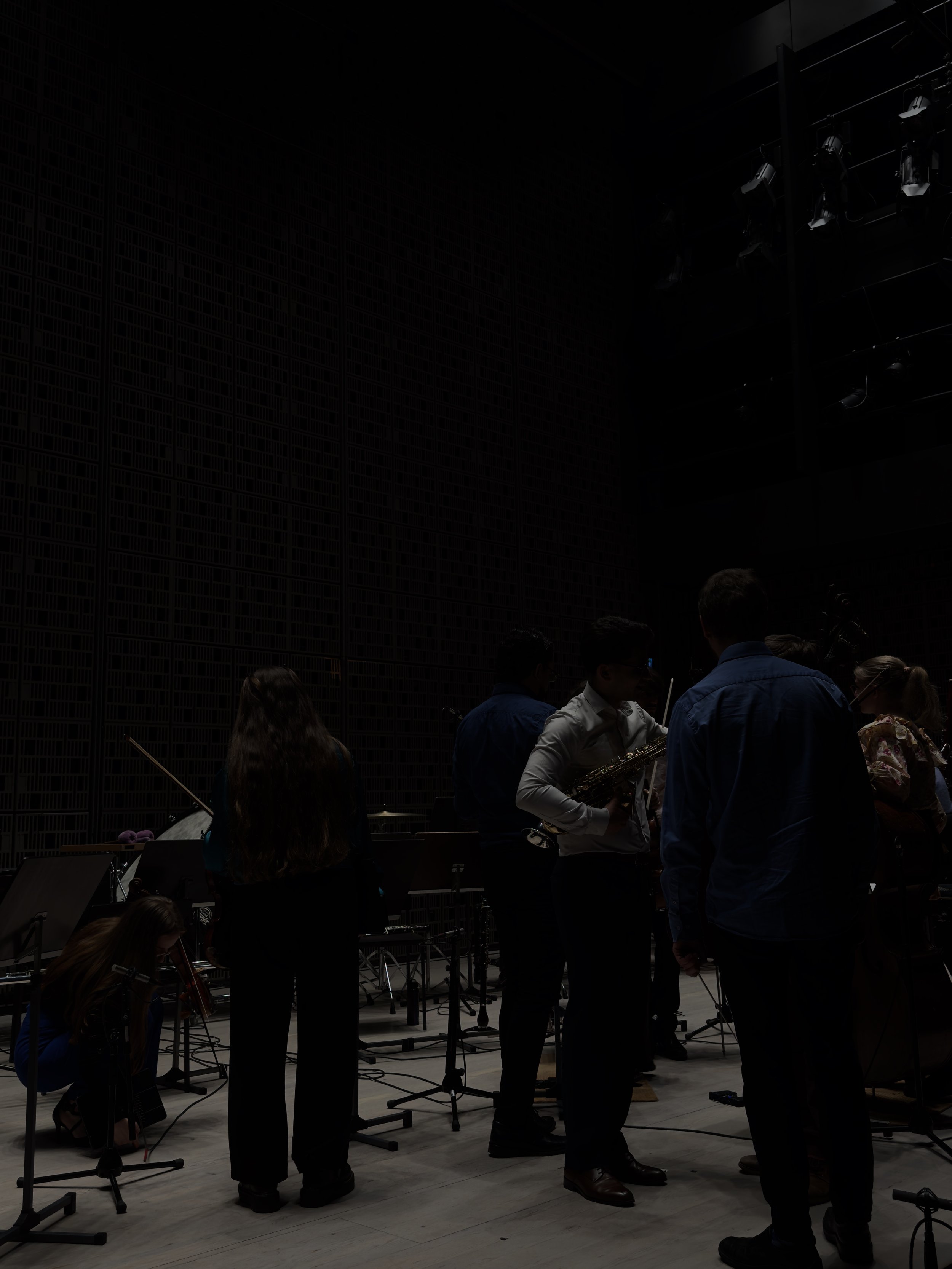 Group of musicians preparing on stage in a dark concert hall, with some playing instruments like violins and others standing with microphones, stage lights above.
