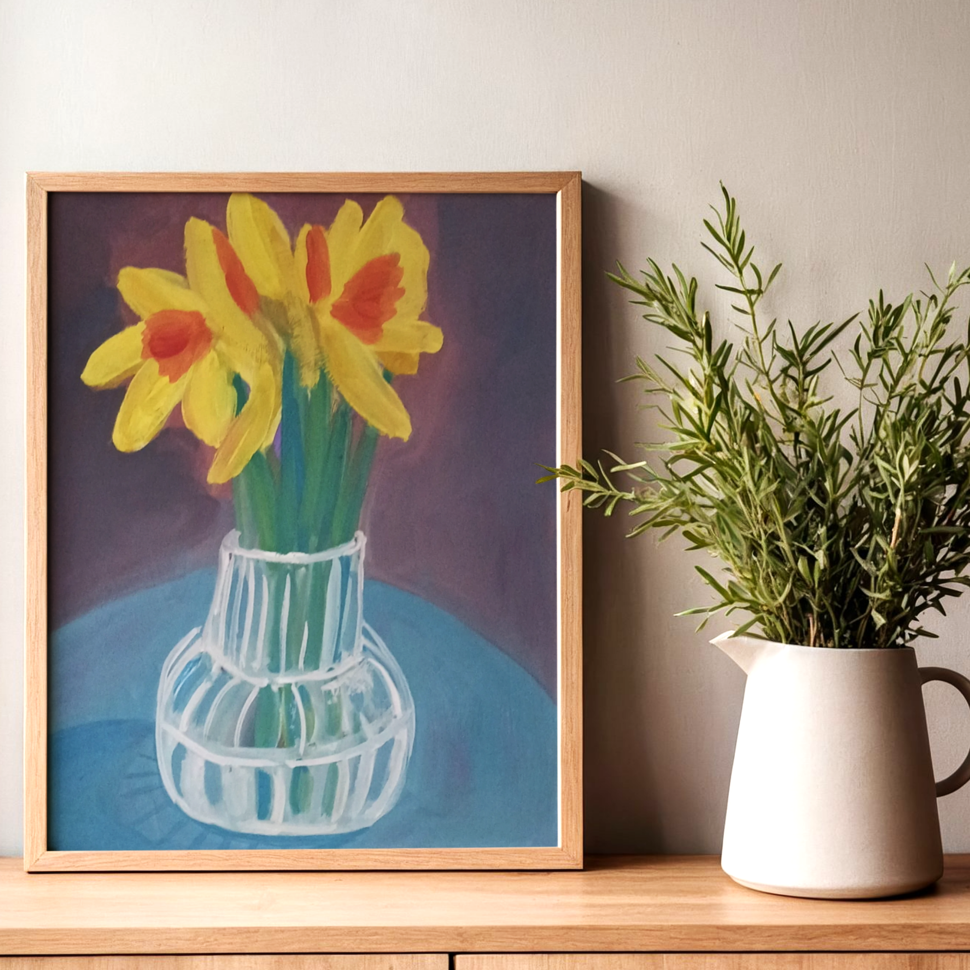 Daffodils on Blue Tablecloth ~ A gestural gouache painting for your home
