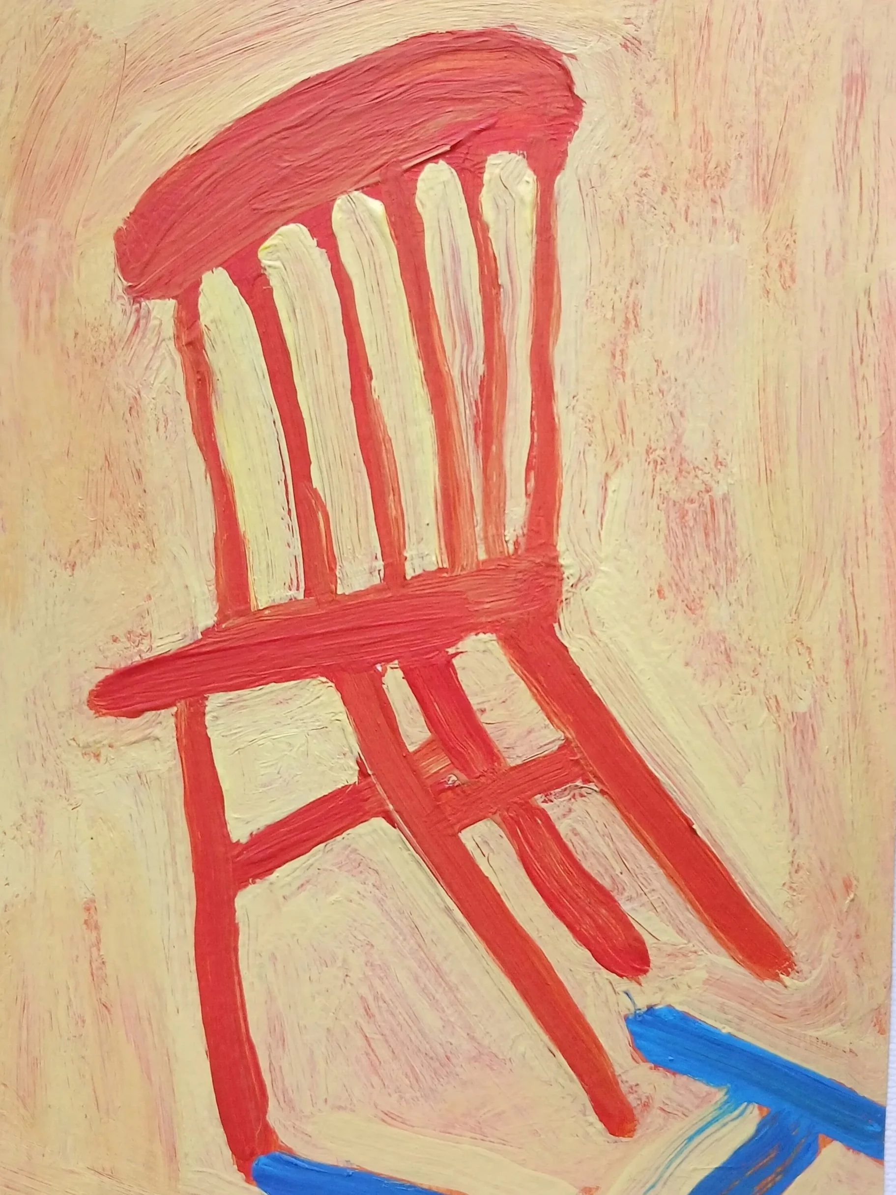 orange chair with blue shadow on paper and original acrylic painting on paper by joanne headington