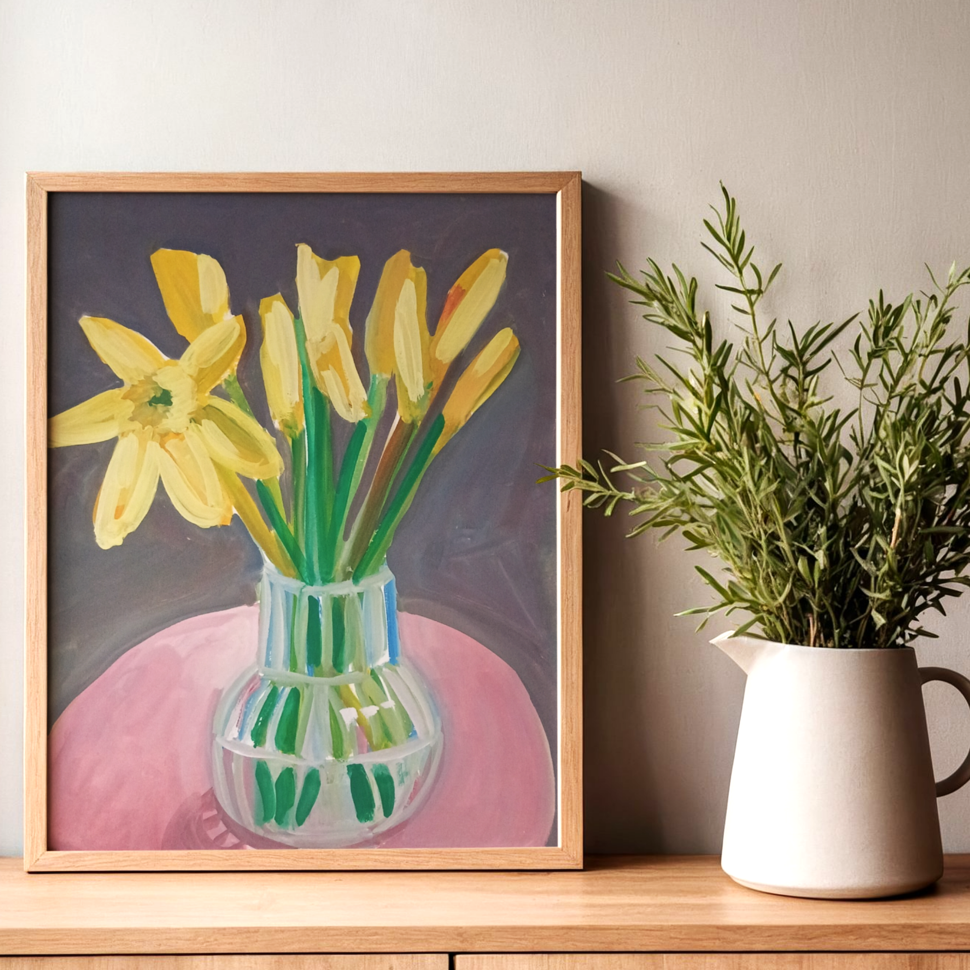 Daffodils on Pink Tablecloth ~ A bold gouache painting on paper