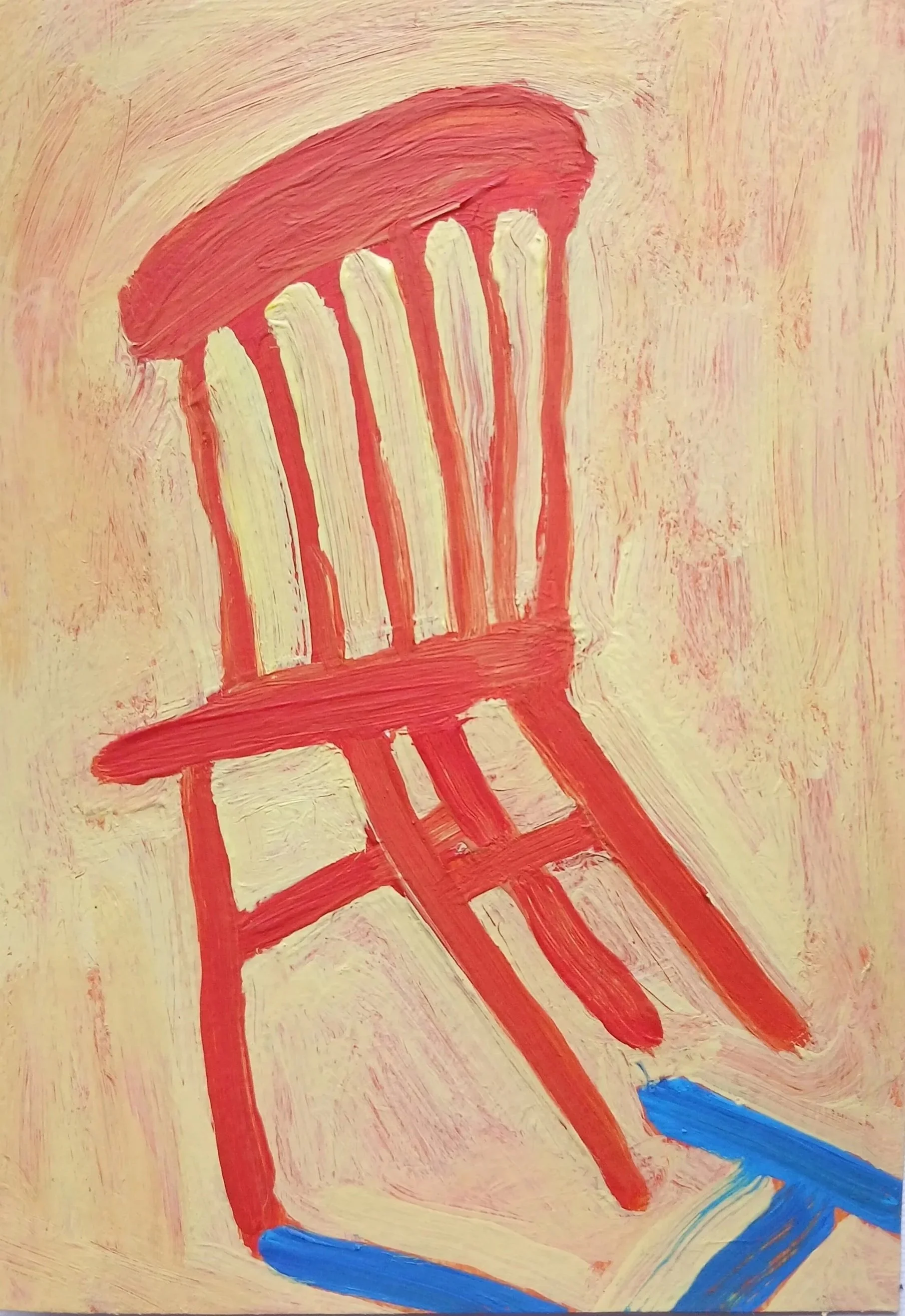 an orange chair is tilting forward leaving a blue shadow on the floor