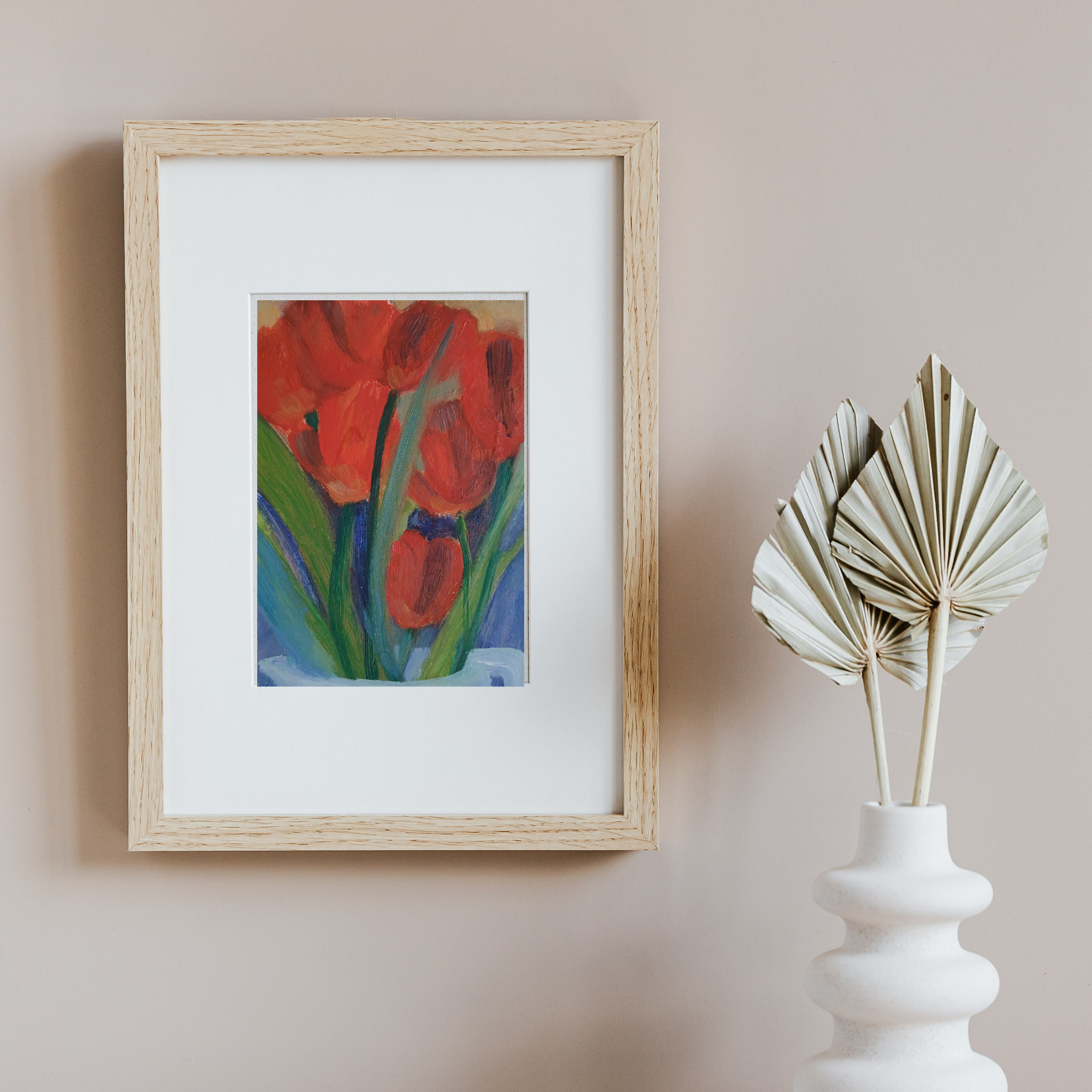 Red tulips ~ A still life painting of red tulips in oil on paper