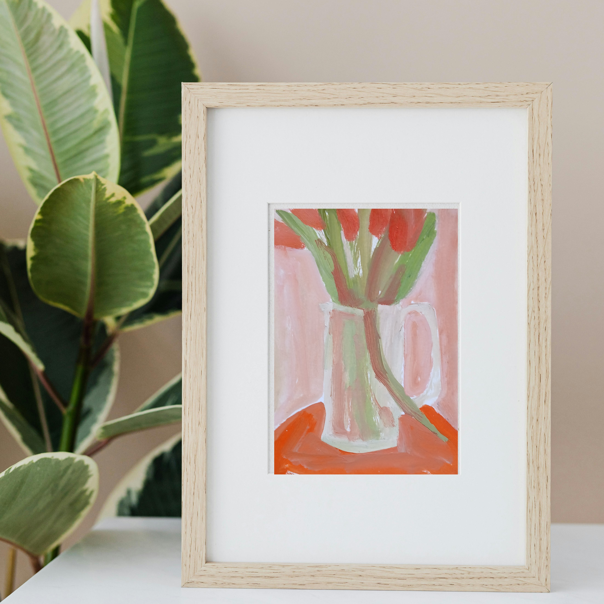 Outgrown the Nest ~ A still life oil painting on paper of tulips in a cream jug