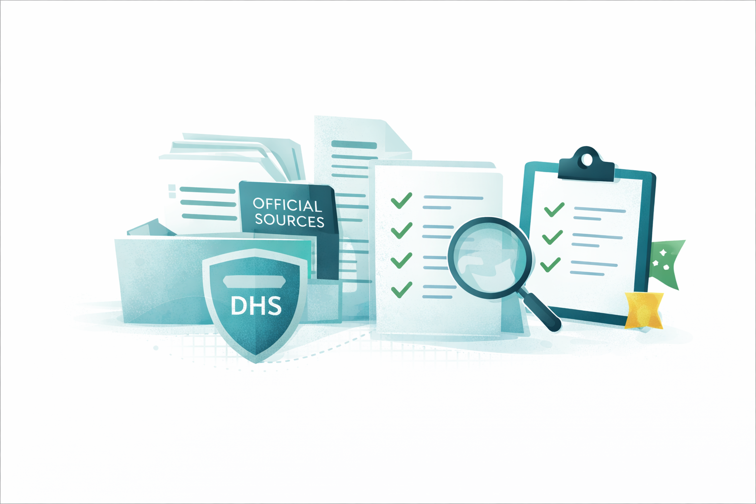 Collection of official documents, folders, a magnifying glass, checklists, and a shield labeled DHS, representing security and verification processes.