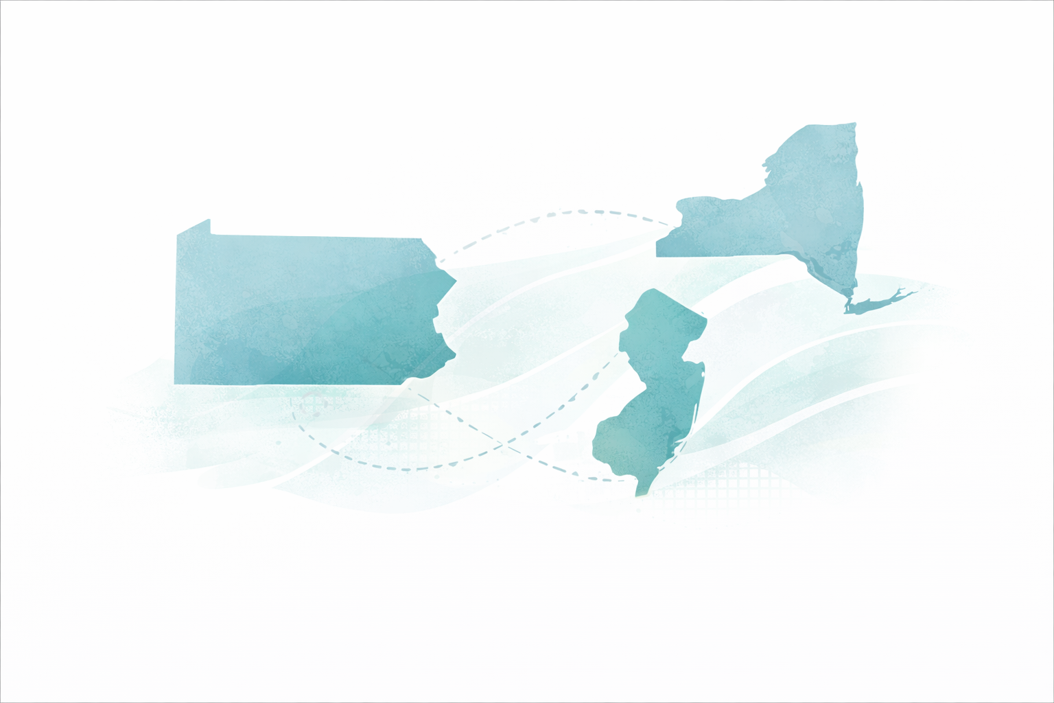 Map of the northeastern United States including New York, New Jersey, Pennsylvania, Connecticut, Rhode Island, Massachusetts, Vermont, New Hampshire, and Maine, with dashed lines indicating movement or connections.