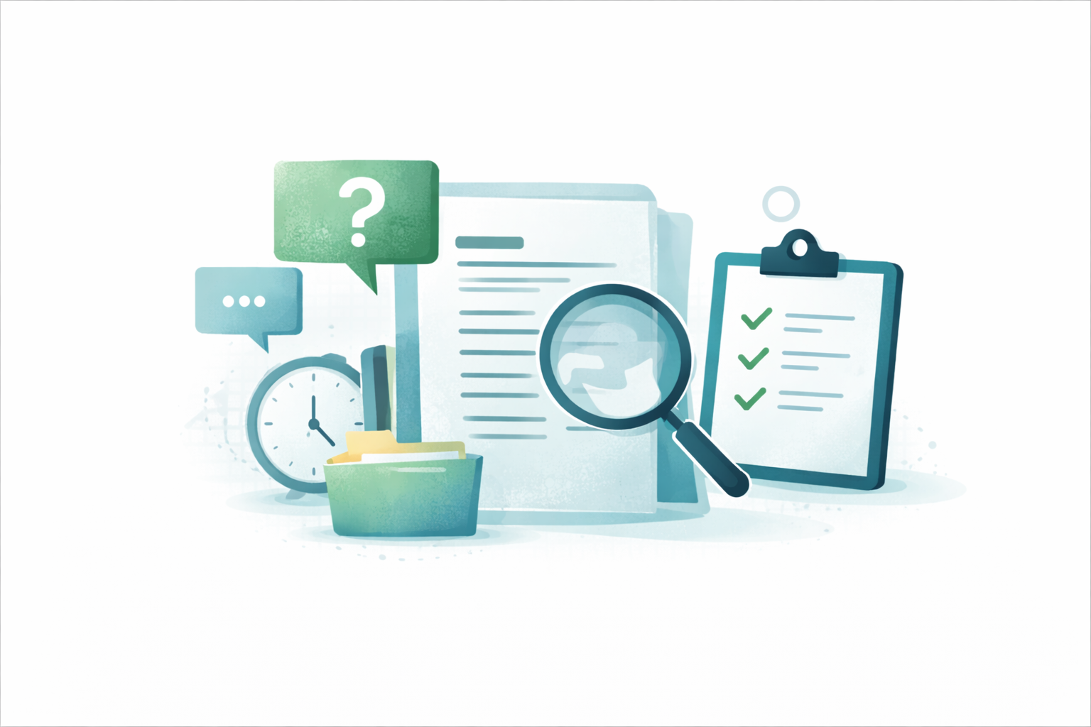 Illustration of documents, a magnifying glass, a clipboard with checkmarks, a clock, and speech bubbles, symbolizing research, questions, and planning.