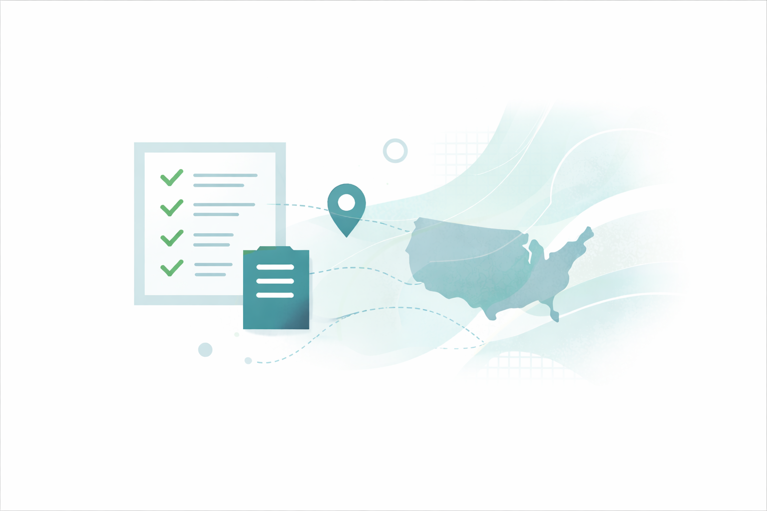 Illustration of a checklist, a clipboard, a location pin, and a map of the United States connected by dotted lines.