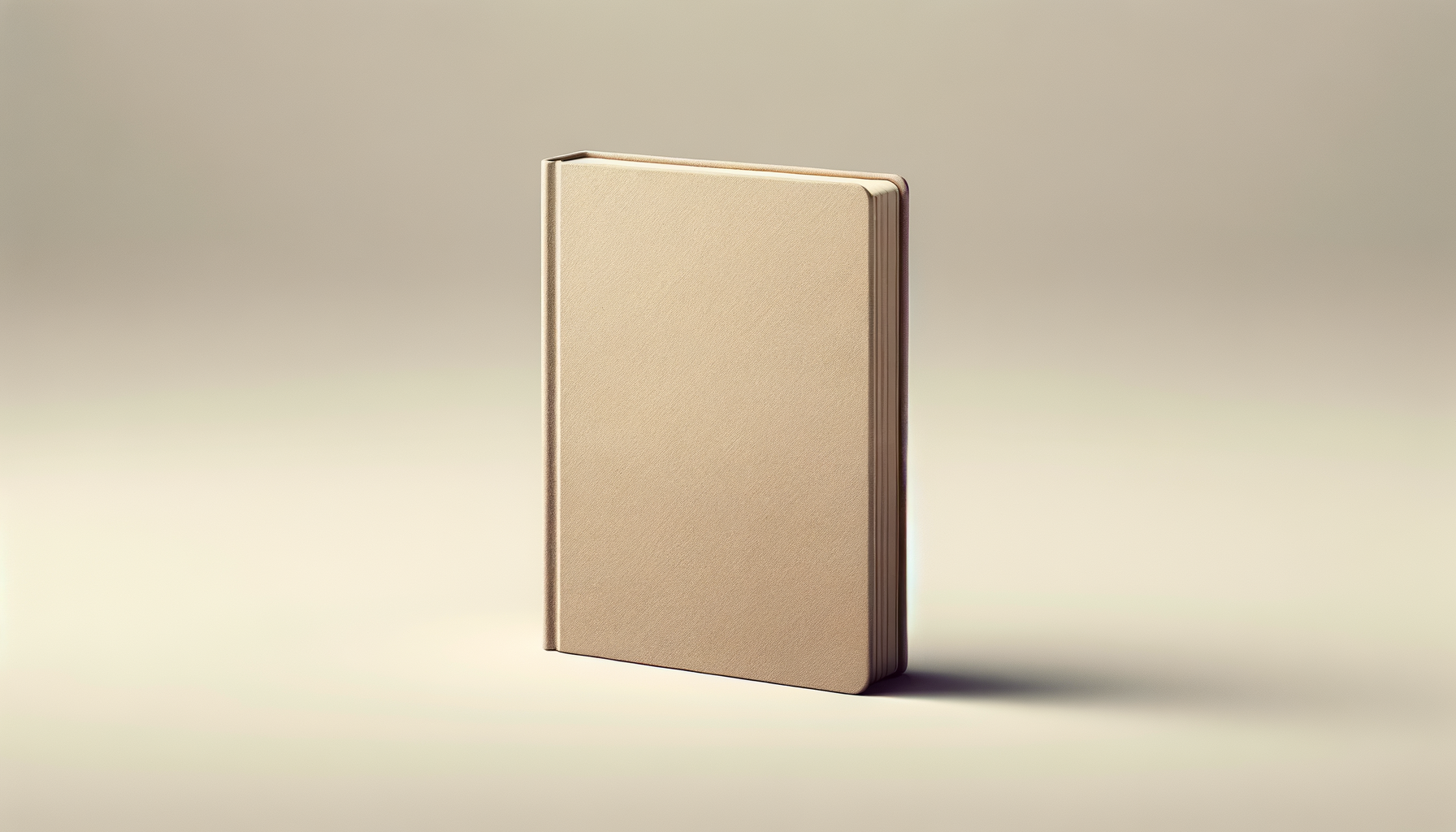 A closed beige hardcover book standing upright on a plain background.