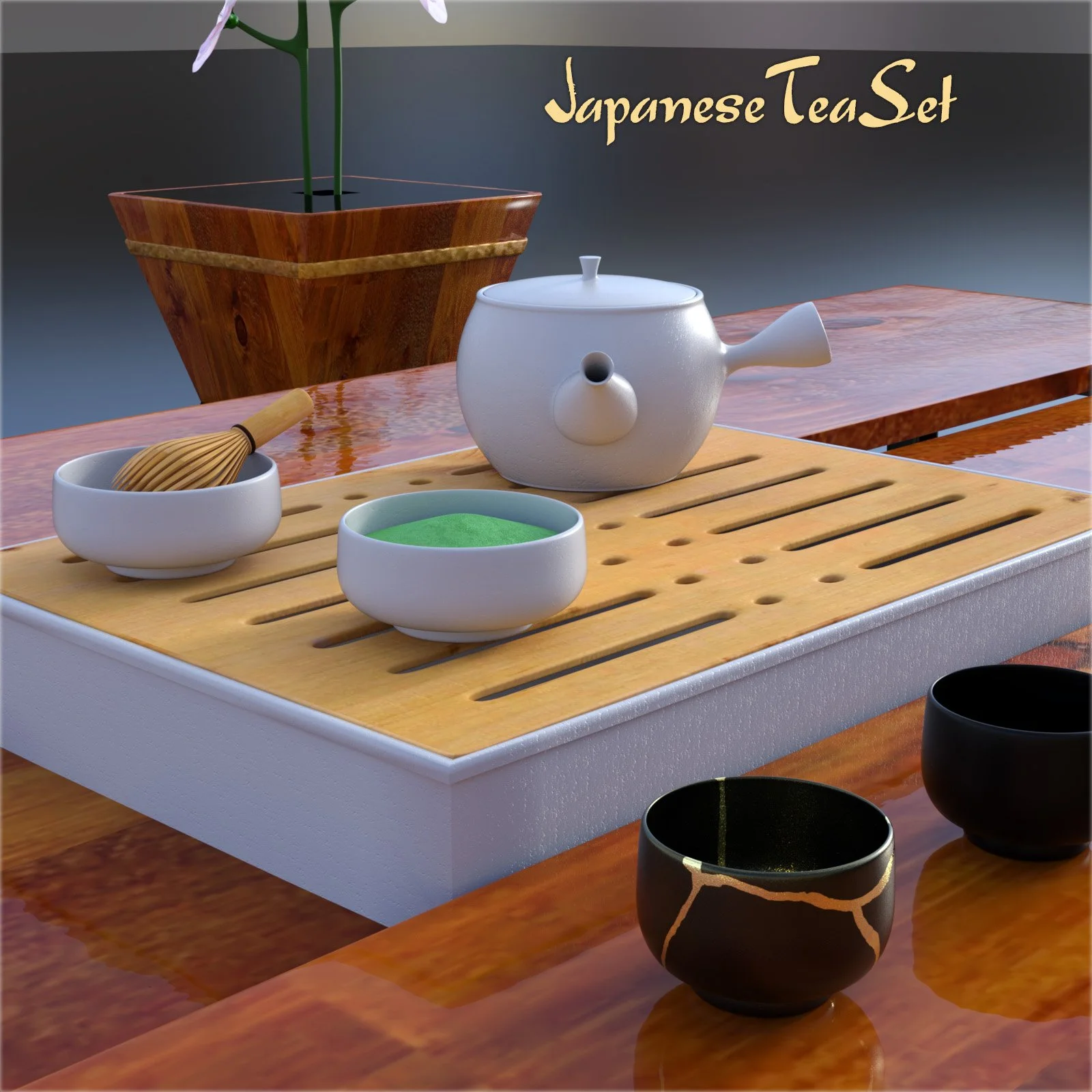 Japanese Tea Set With Kintsugi Patterns for DAZ Studio