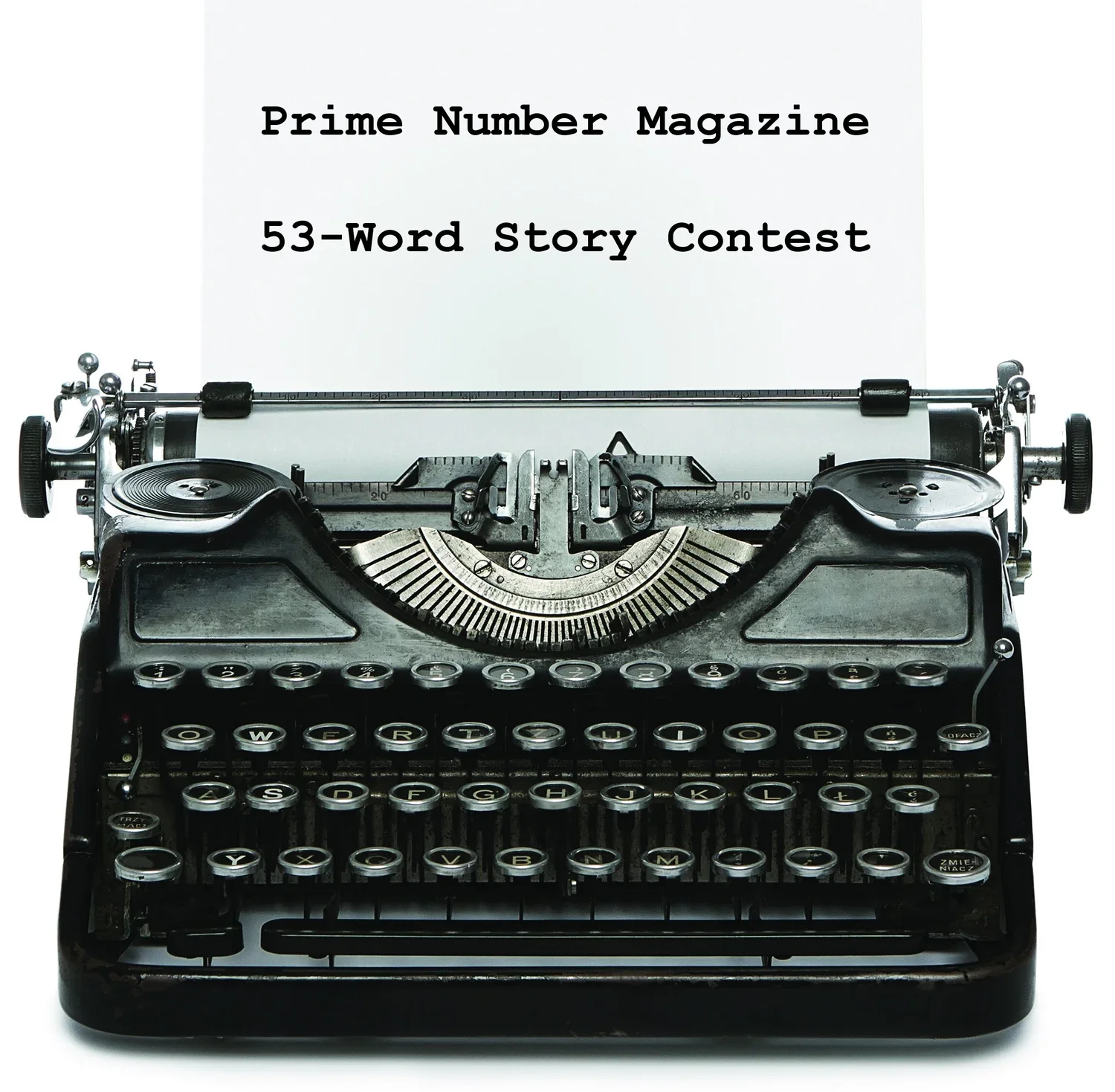 Vintage typewriter with a sheet of paper stating 'Prime Number Magazine 53-Word Story Contest'.