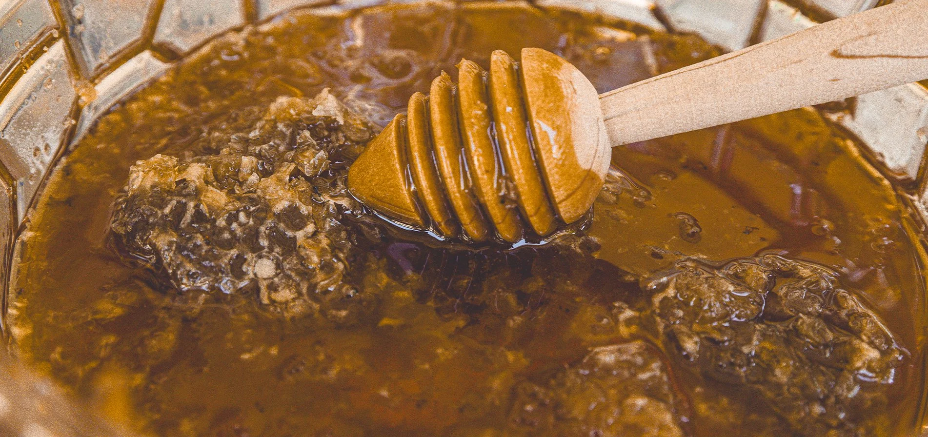 Miele d'api con apiari di cera e un cucchiaio di legno immerso nel miele.