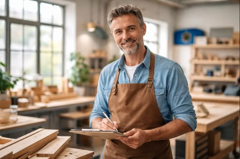 A smiling man with gray hair and beard in a woodworking shop, wearing a blue shirt and brown apron, holding a clipboard and pen.
