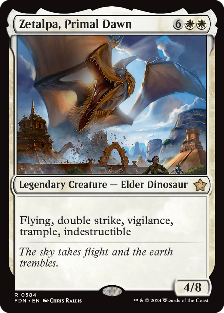 A digital illustration of a large, fearsome elder dragon soaring above an ancient city with pyramids and temples, during daytime with clouds and sunlight.