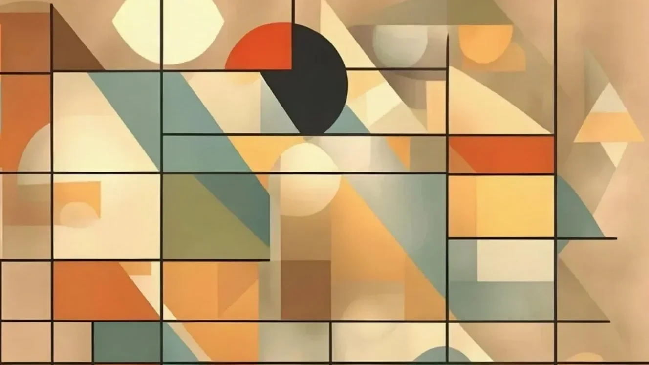 Abstract geometric painting with squares, circles, and triangles in warm tones of beige, orange, yellow, and green, with black grid lines.