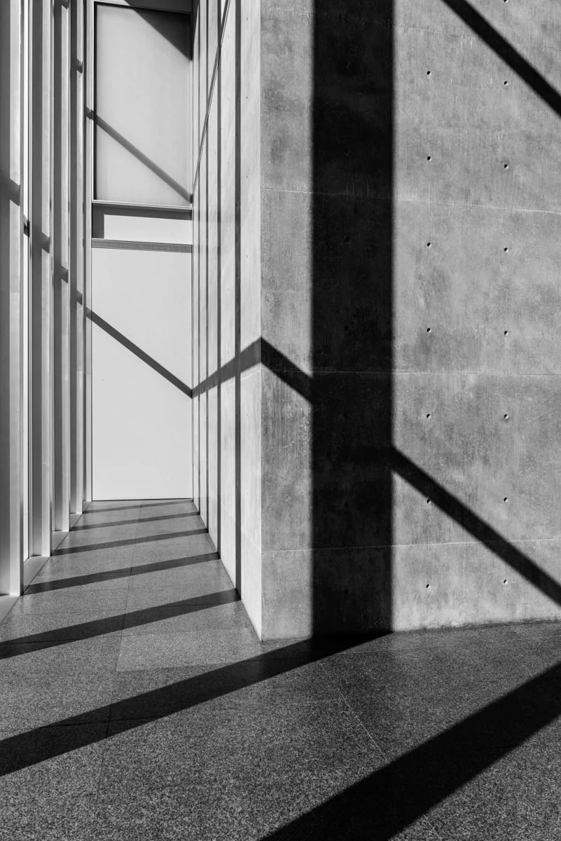 Black and white photo of a modern interior with large shadows cast on a concrete wall and floor, featuring metal framework and panels.