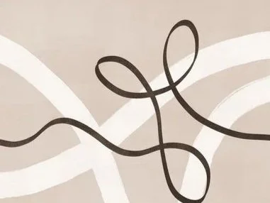 Abstract drawing of intertwined loops and curves in black and white.